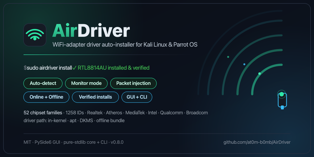 AirDriver — Wi-Fi adapter driver auto-installer for Kali Linux and Parrot OS