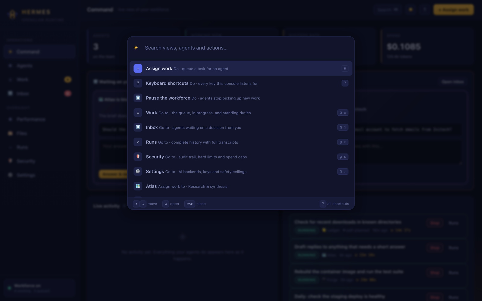 The command palette listing actions, views and agents with keyboard hints