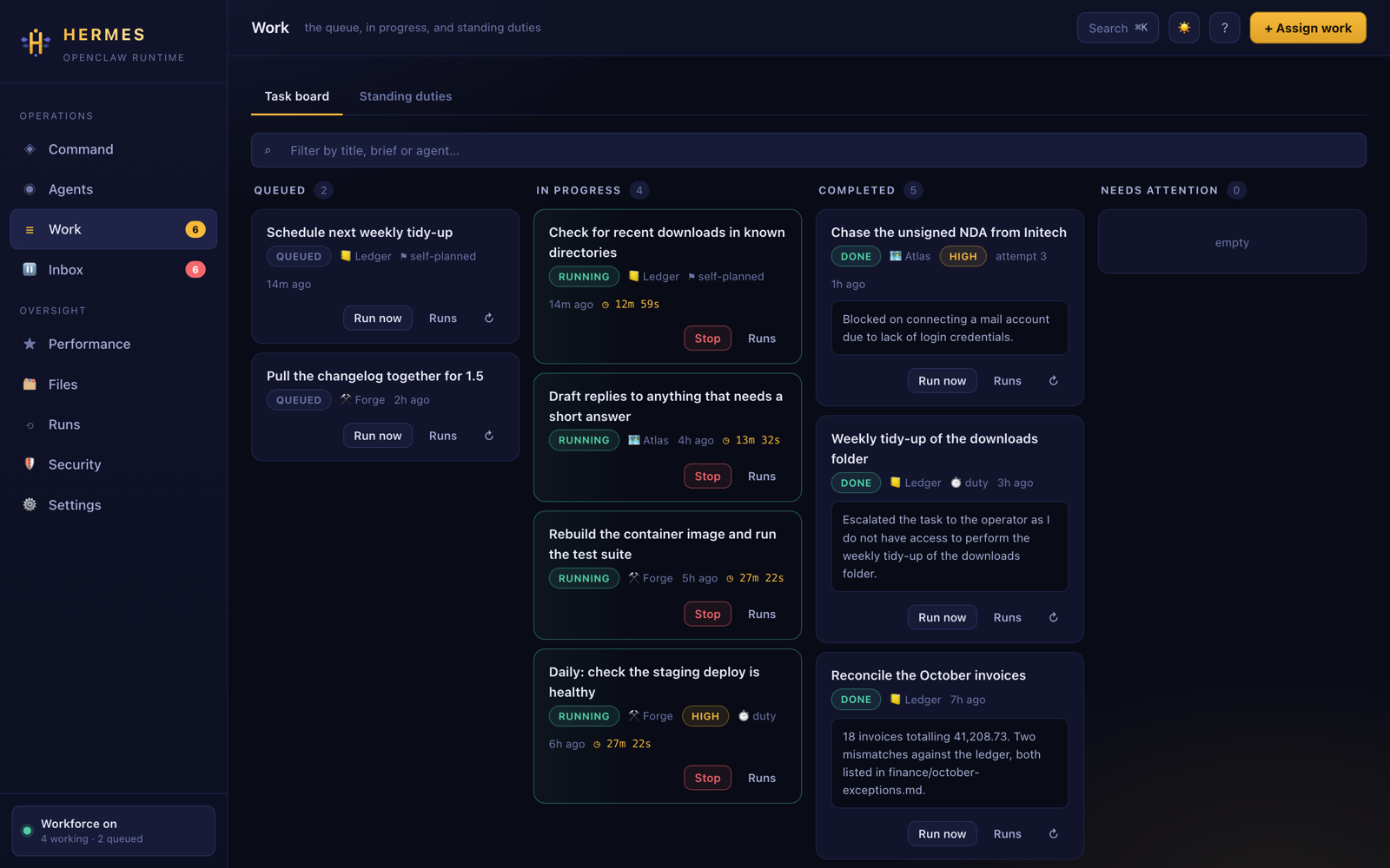 The work board with queued, in progress, completed and needs attention columns