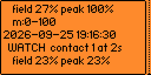 Logbook screen showing timestamped WATCH contacts with field and peak percentages