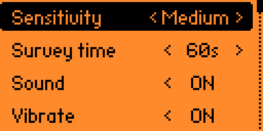 Settings list: sensitivity, survey time, sound, vibrate