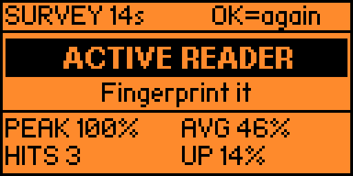 Site Survey verdict card: 14 seconds, ACTIVE READER, advice to fingerprint it, peak 100%, average 41%, 3 hits