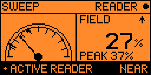 Sweep screen with a reader found: needle at 27%, peak 37%, inverted ACTIVE READER strip reading NEAR